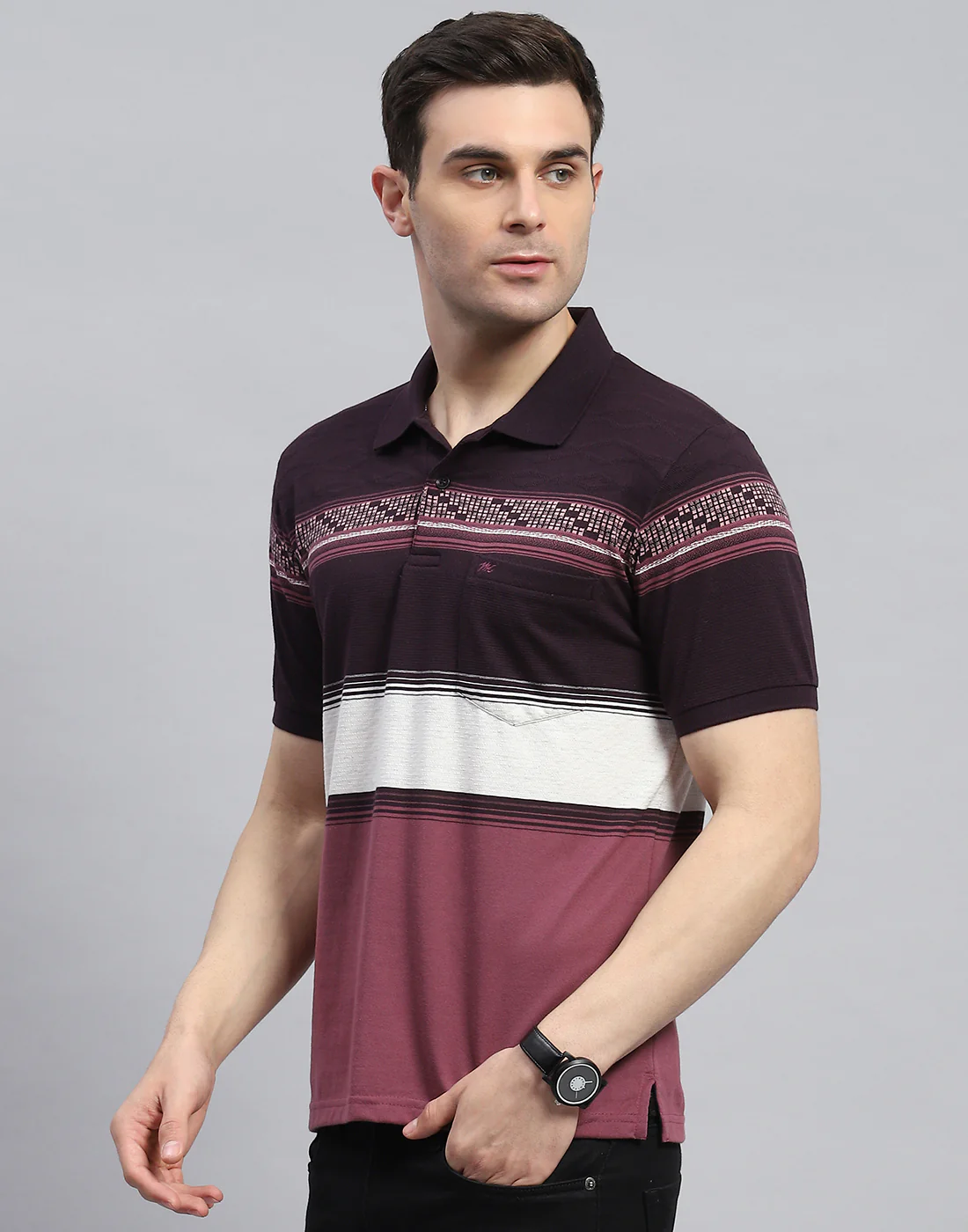 Men Purple Stripe Polo Collar Half Sleeve T-Shirt - Image 3