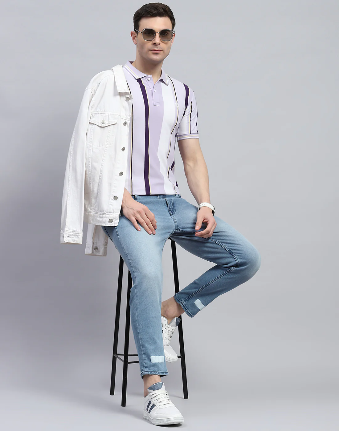 Men Purple Stripe Polo Collar Half Sleeve T-Shirt - Image 2