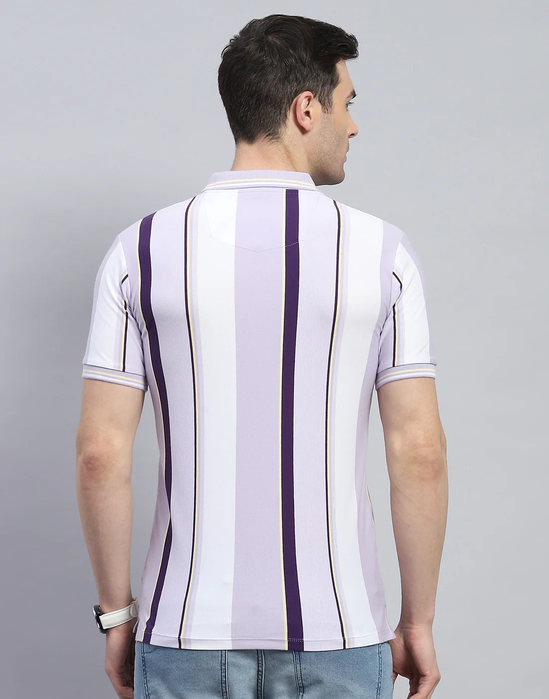 Men Purple Stripe Polo Collar Half Sleeve T-Shirt - Image 5