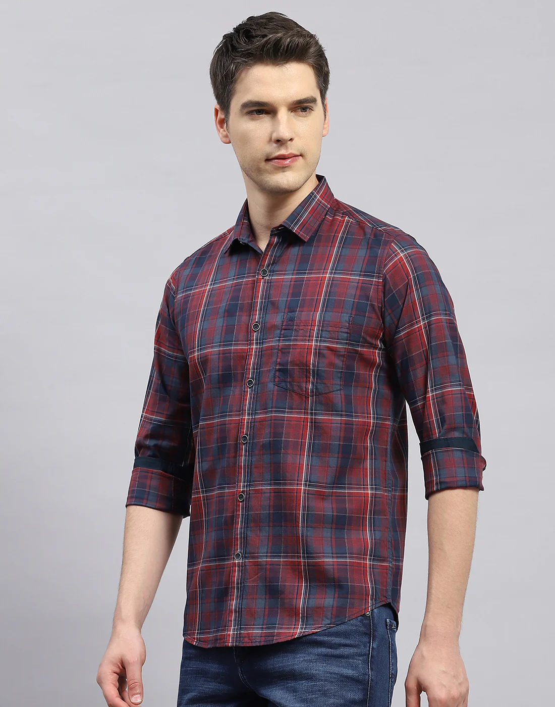 Men Red Check Collar Full Sleeve Shirt - Image 3