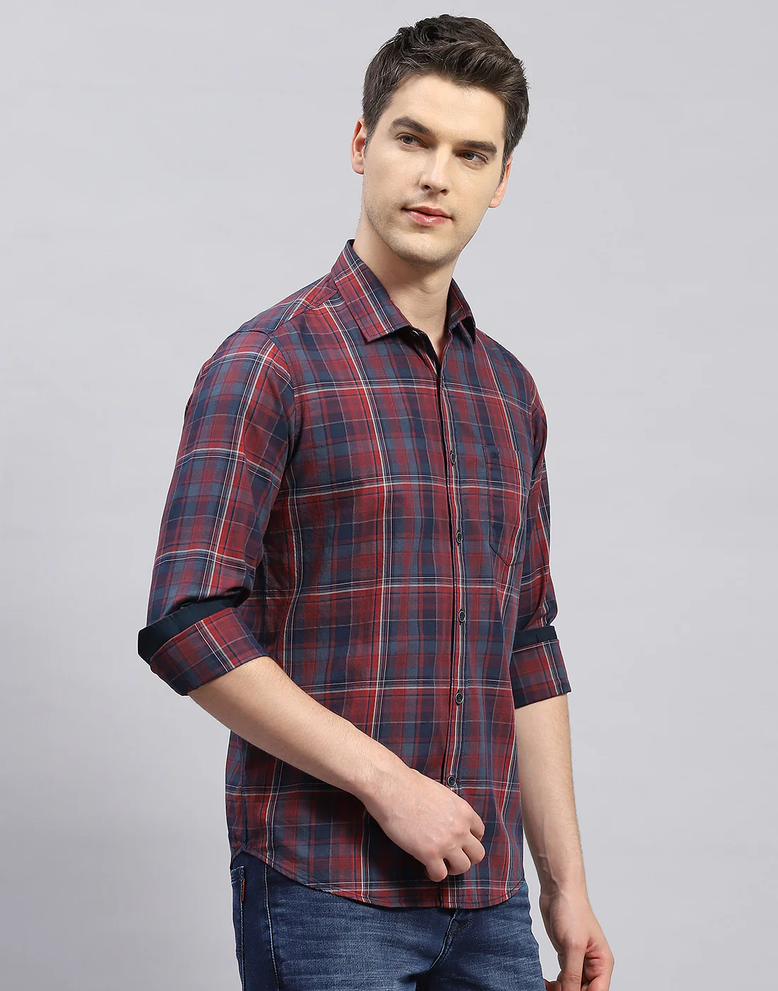 Men Red Check Collar Full Sleeve Shirt - Image 4