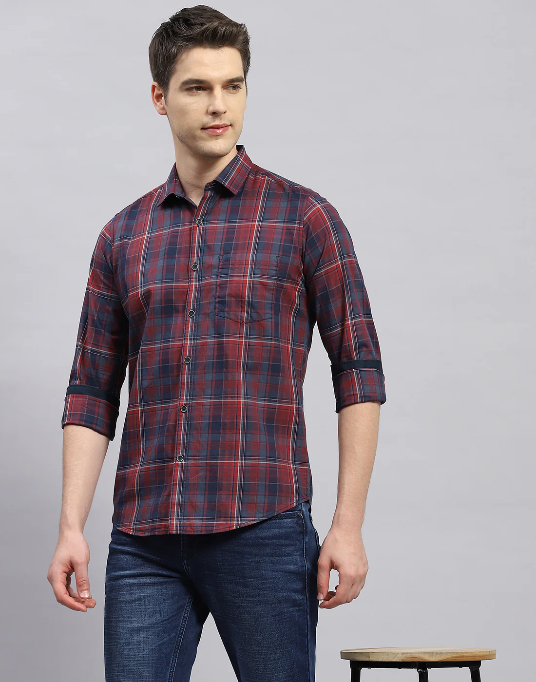 Men Red Check Collar Full Sleeve Shirt - Image 6