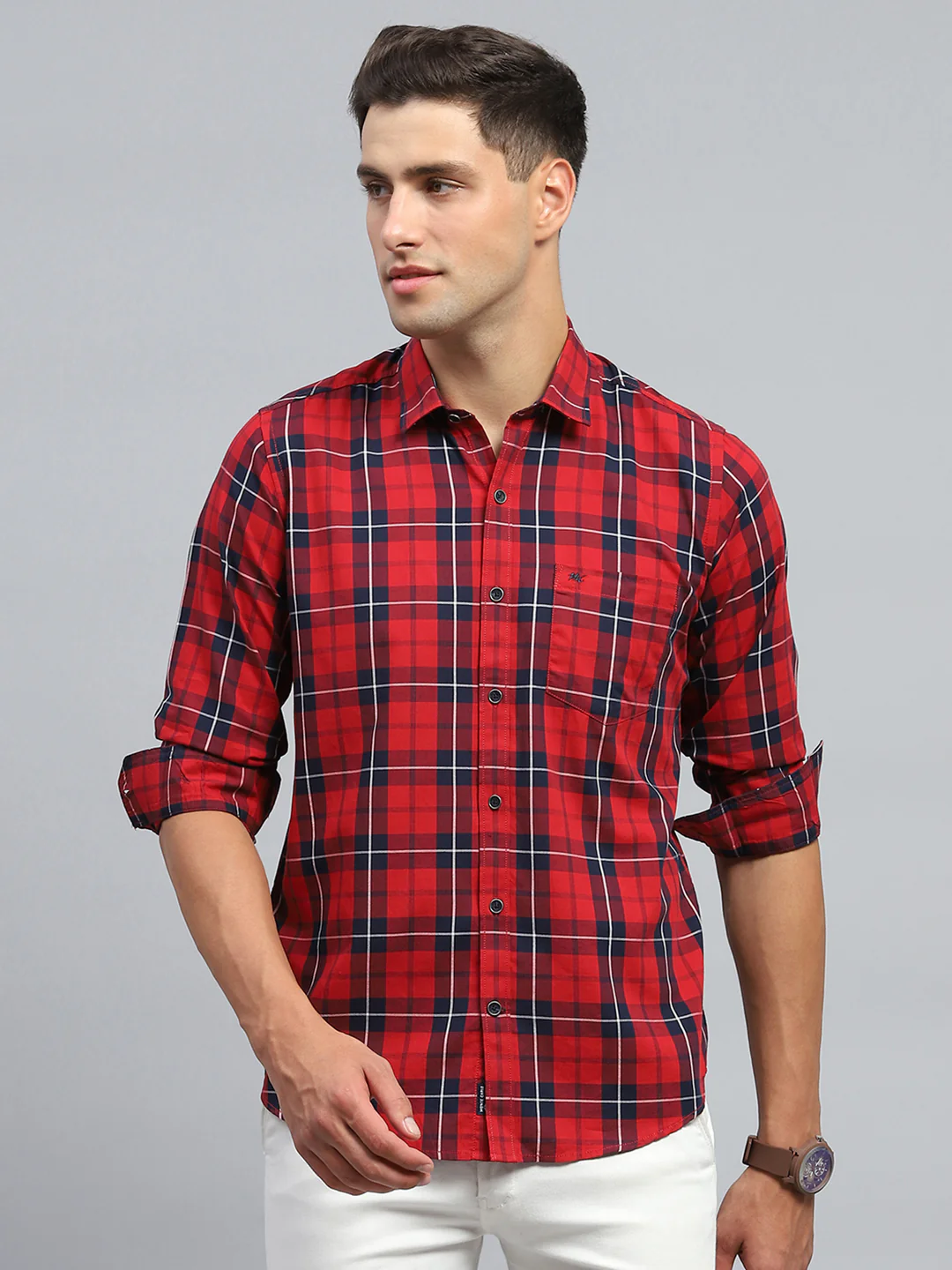 Men Red Check Collar Full Sleeve Shirt - Image 2