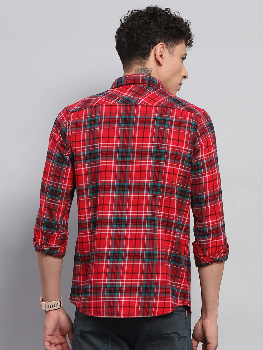Men Red Check Collar Full Sleeve Shirt - Image 5