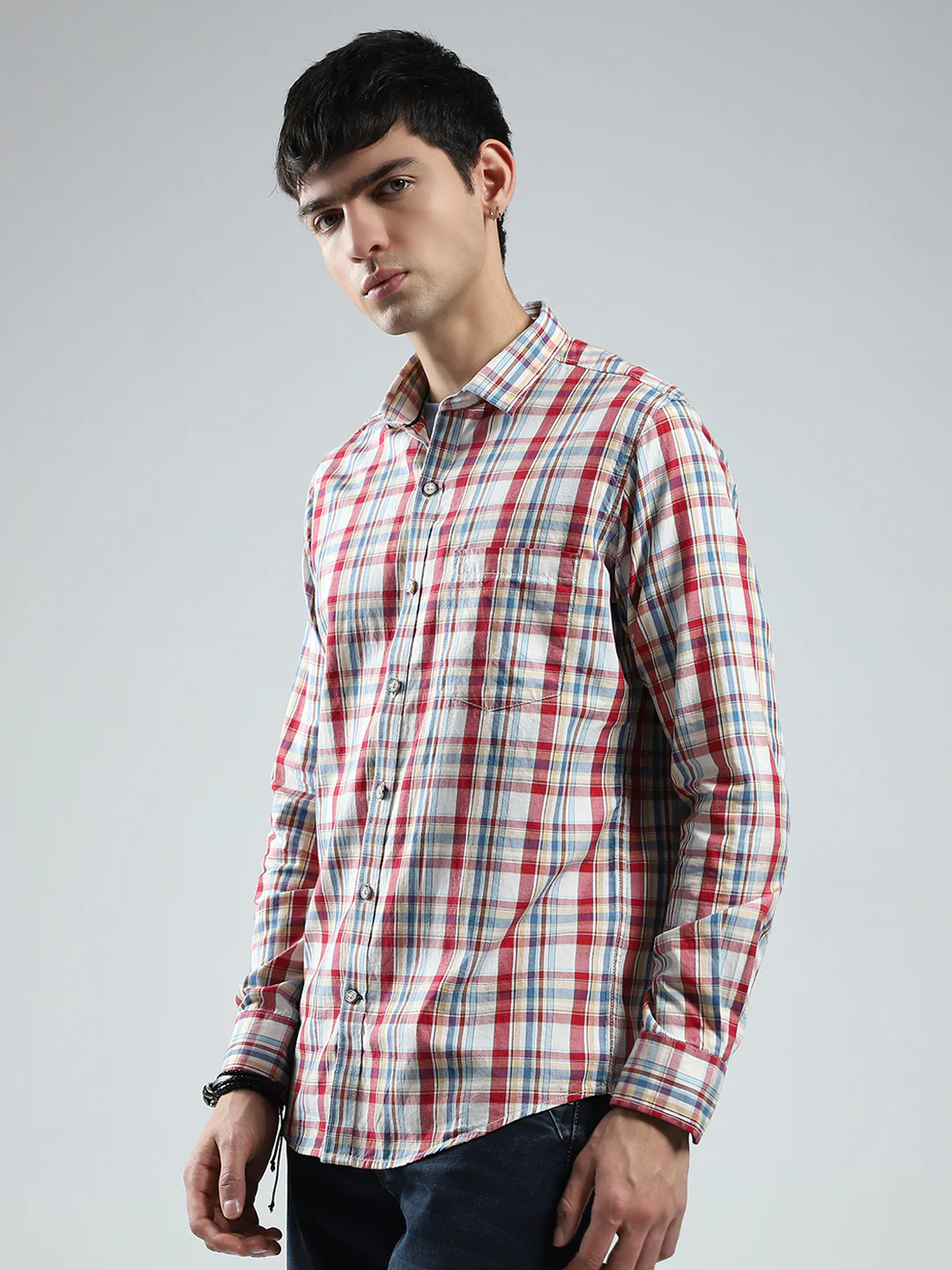 Men Red Check Collar Full Sleeve Shirt - Image 3