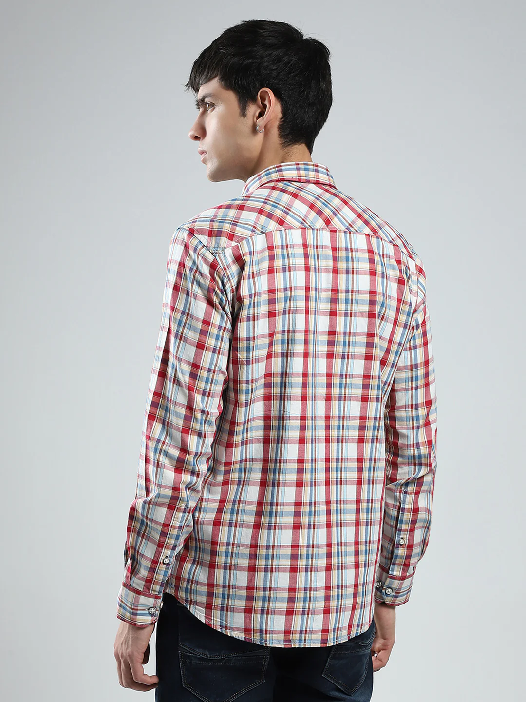 Men Red Check Collar Full Sleeve Shirt - Image 5