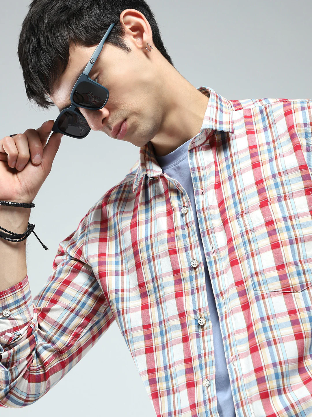 Men Red Check Collar Full Sleeve Shirt - Image 6