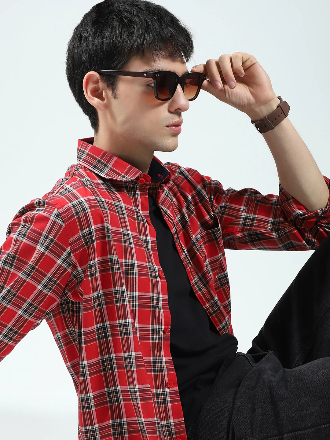 Men Red Check Collar Full Sleeve Shirt - Image 6
