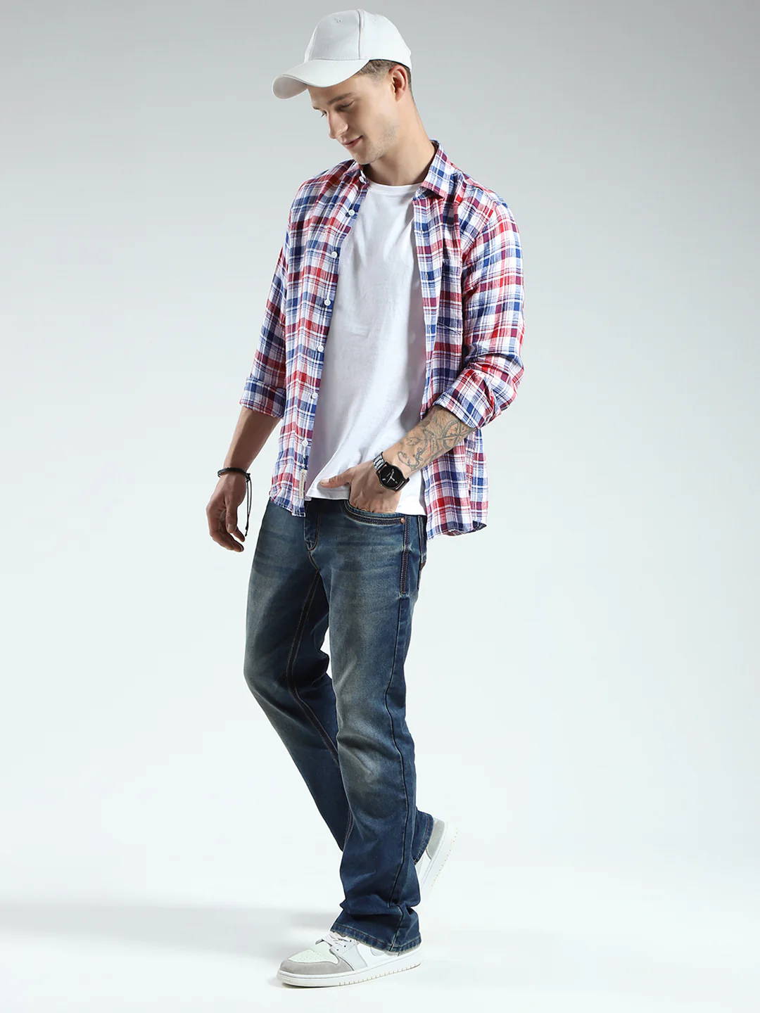 Men Red Check Collar Full Sleeve Linen Shirt - Image 2