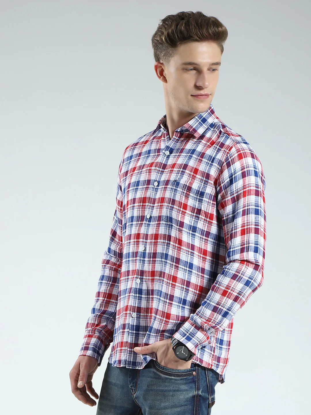 Men Red Check Collar Full Sleeve Linen Shirt - Image 3