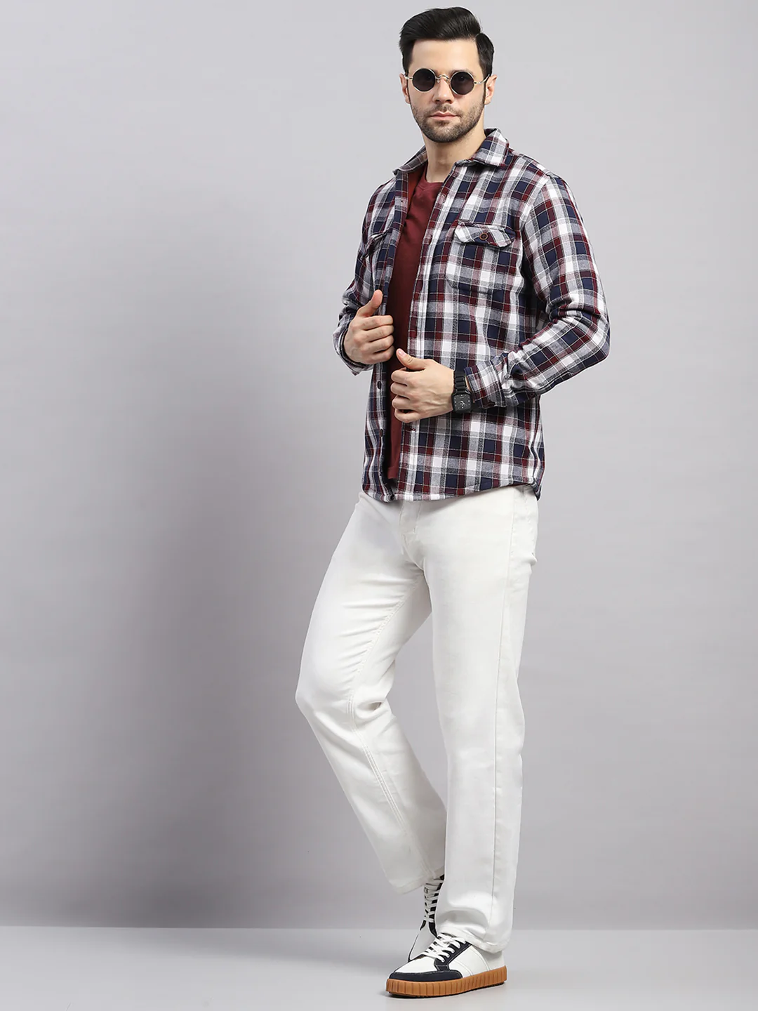 Men Red Check Collar Full Sleeve Shirt - Image 2