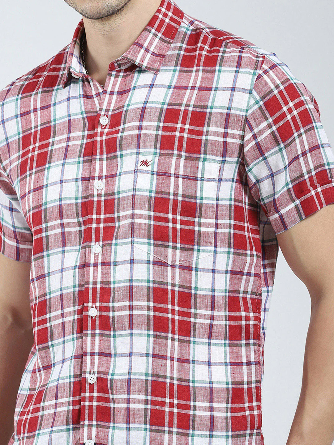 Men Red Check Collar Half Sleeve Linen Shirt - Image 7