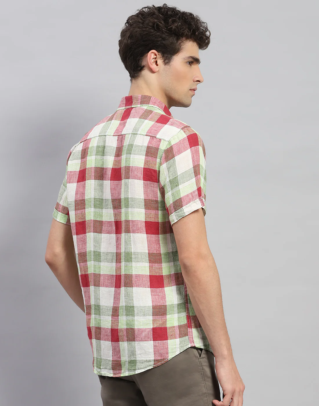 Men Red Check Collar Neck Half Sleeve Linen Shirt - Image 5
