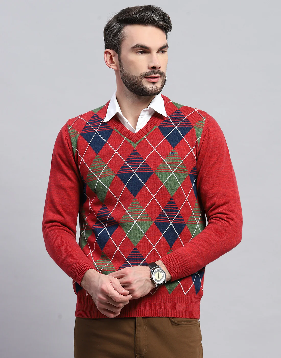Men Red Geometric V Neck Full Sleeve Pullover - Image 2