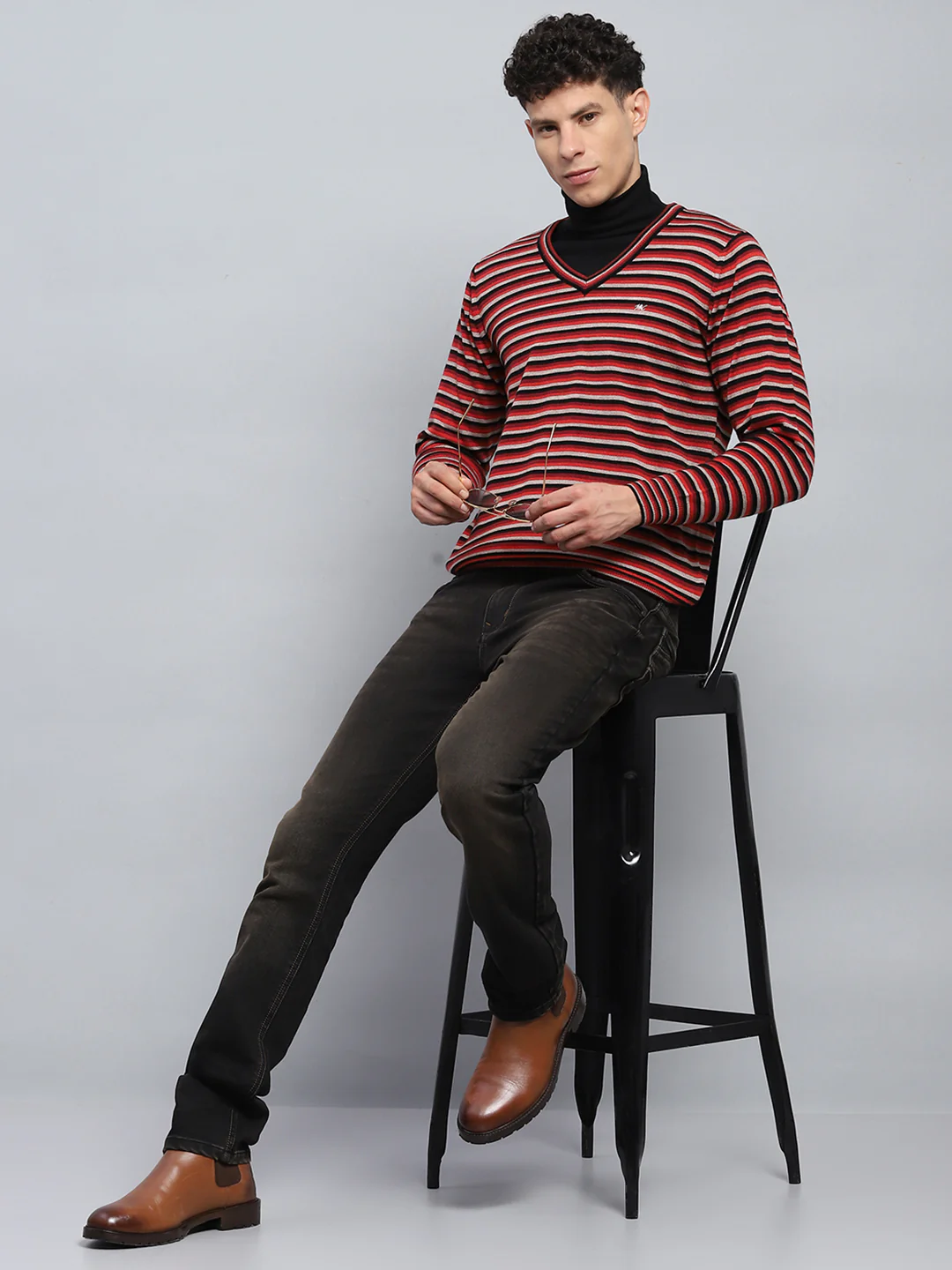Men Red & Grey Stripe V Neck Full Sleeve Pullover - Image 2