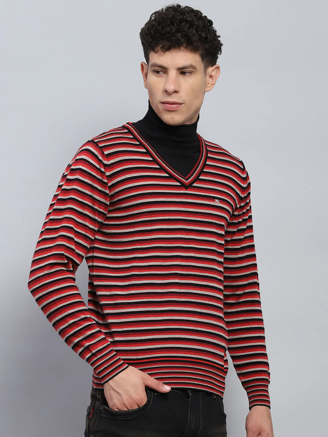 Men Red & Grey Stripe V Neck Full Sleeve Pullover - Image 4