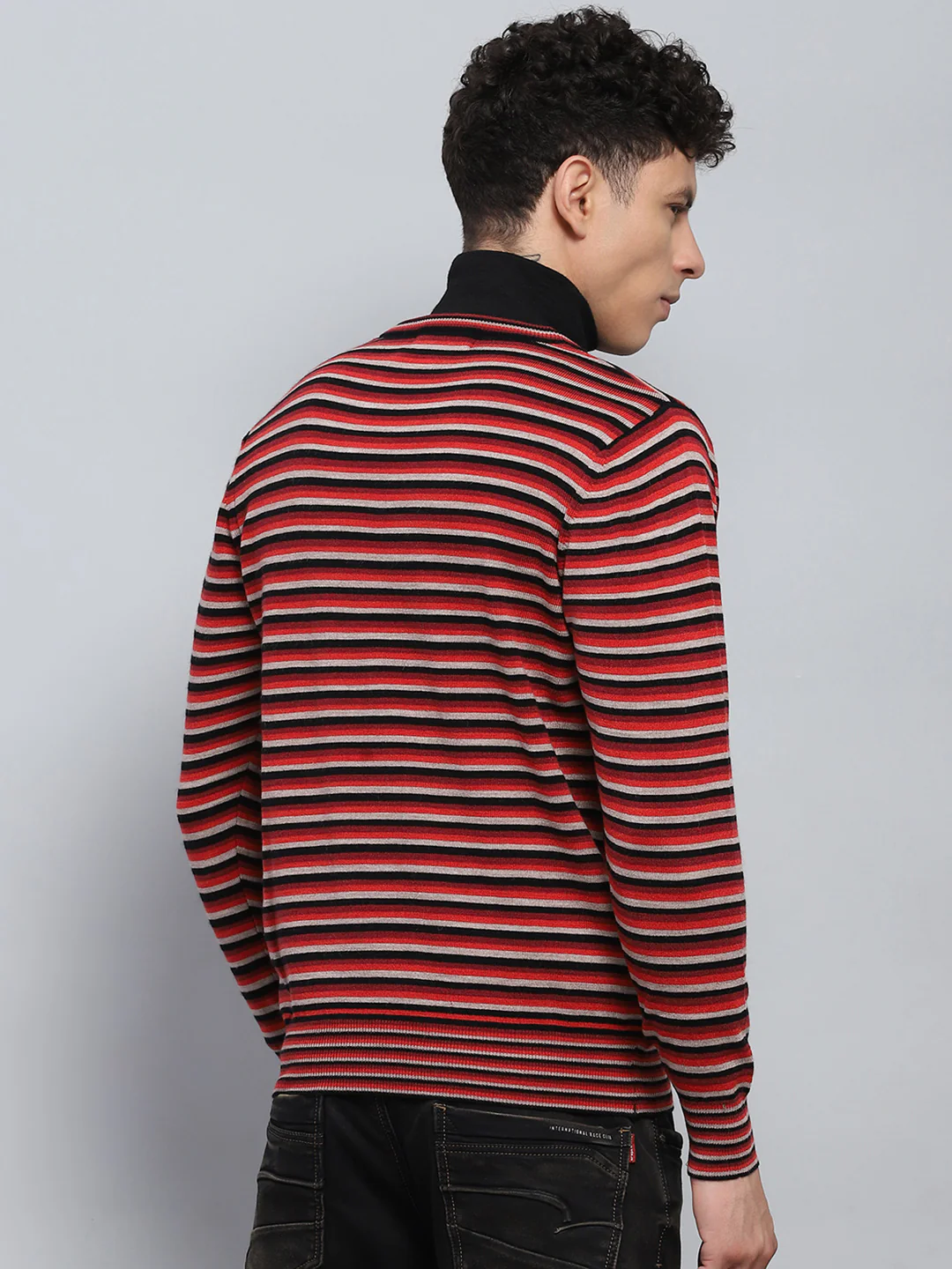 Men Red & Grey Stripe V Neck Full Sleeve Pullover - Image 5