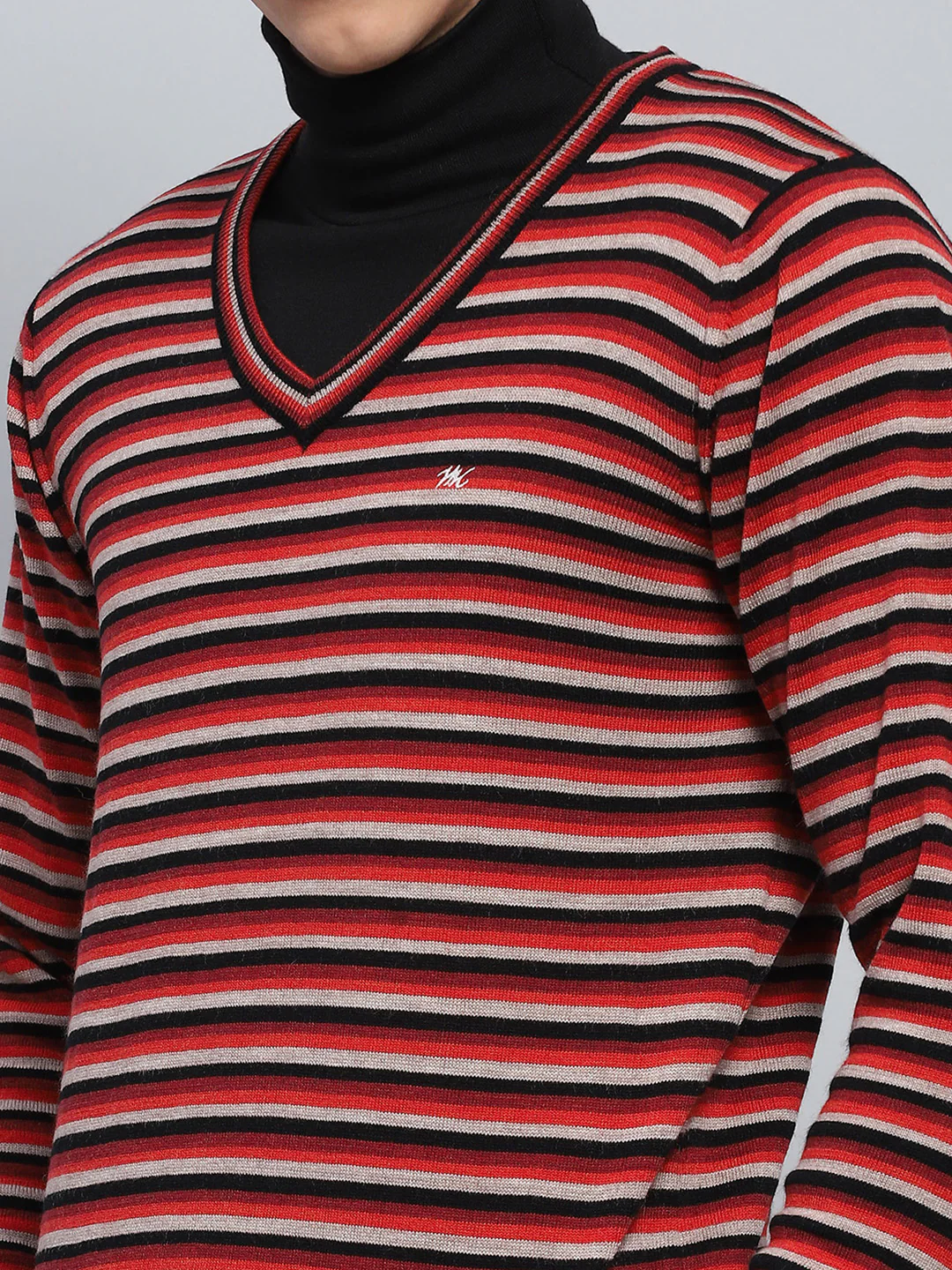 Men Red & Grey Stripe V Neck Full Sleeve Pullover - Image 6