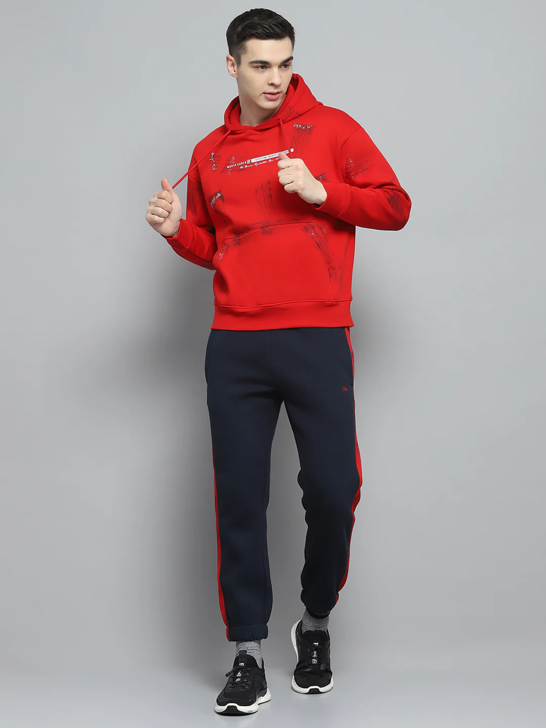 Men Red & Navy Blue Printed Hooded Full Sleeve Winter Tracksuit - Image 2