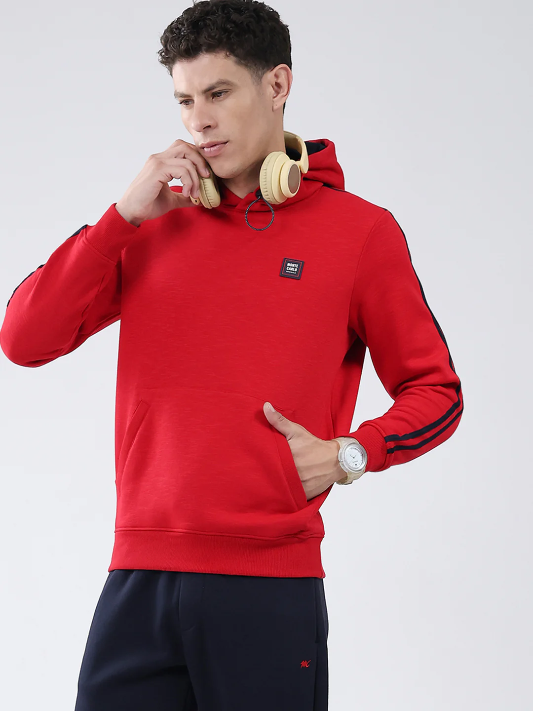 Men Red & Navy Blue Solid Hooded Full Sleeve Winter Tracksuit - Image 6
