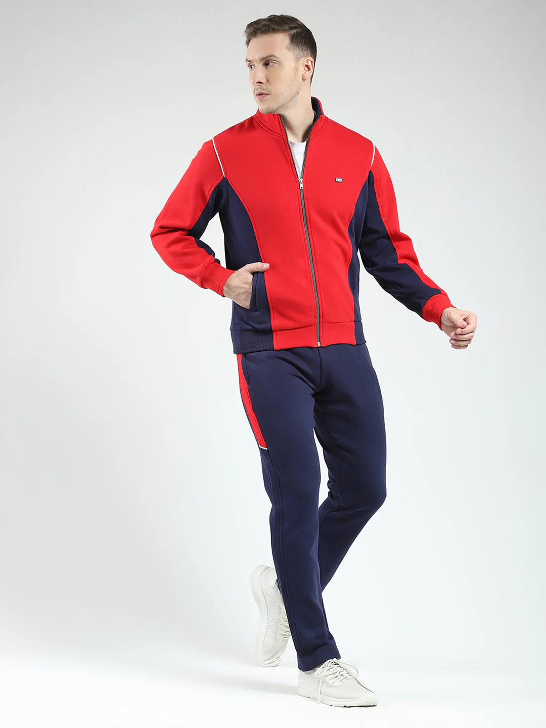 Men Red & Navy Blue Solid Mock Neck Full Sleeve Winter Tracksuit - Image 6