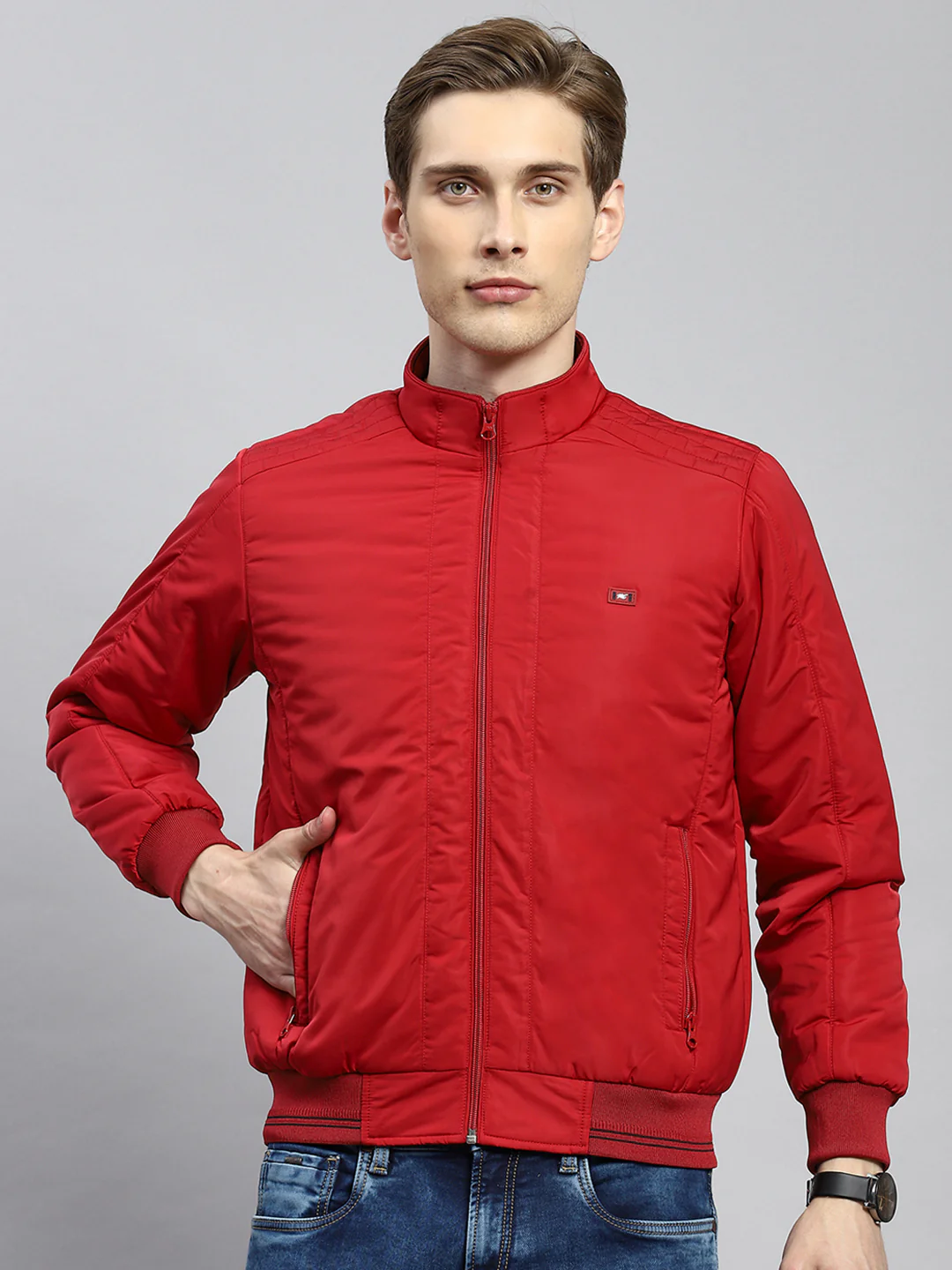Men Red Plain Jacket - Image 2