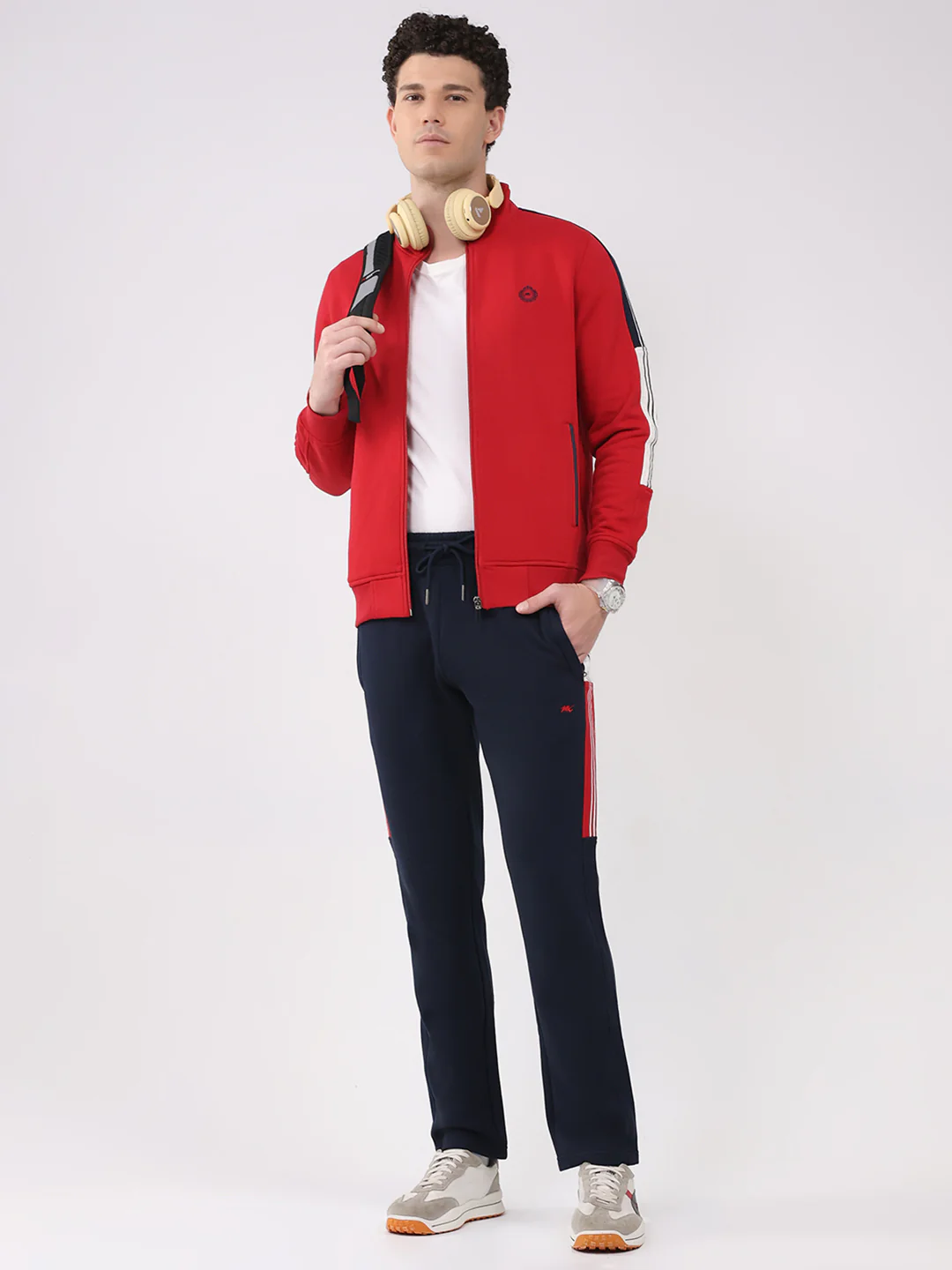 Men Red Printed Collar Full Sleeve Winter Tracksuit - Image 2