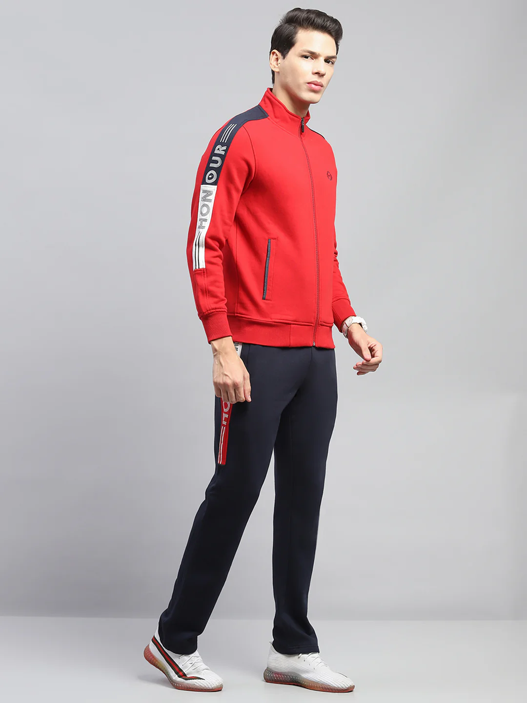 Men Red Printed Mock Neck Full Sleeve Winter Tracksuit - Image 4