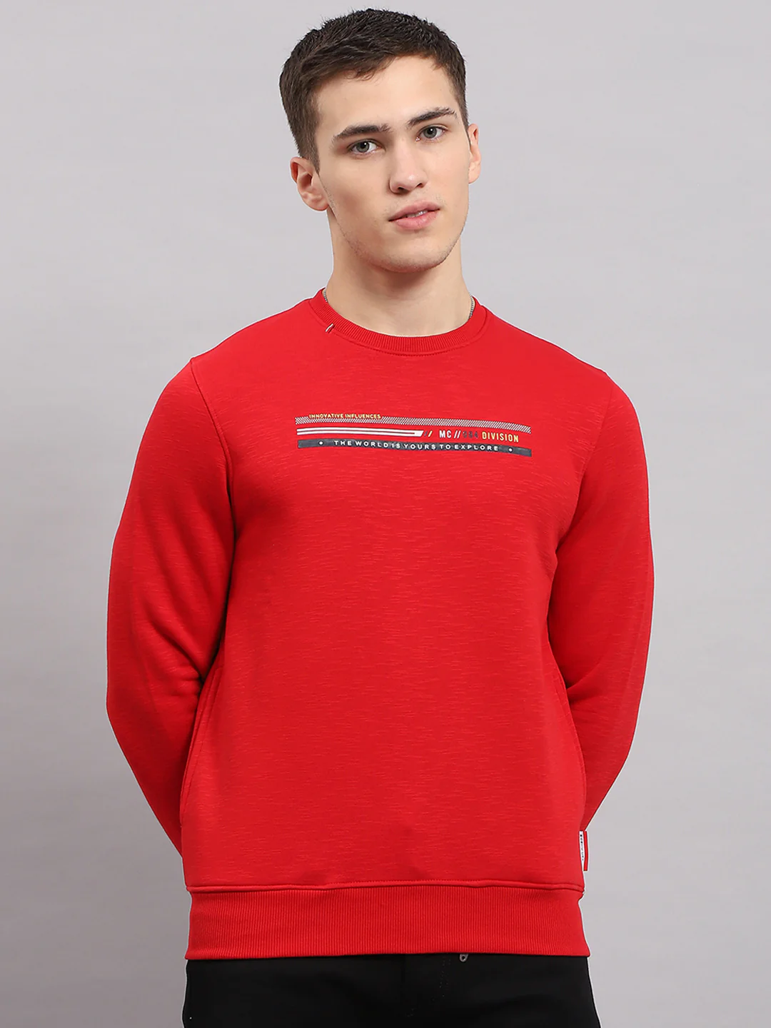 Men Red Printed Round Neck Full Sleeve Sweatshirt - Image 2