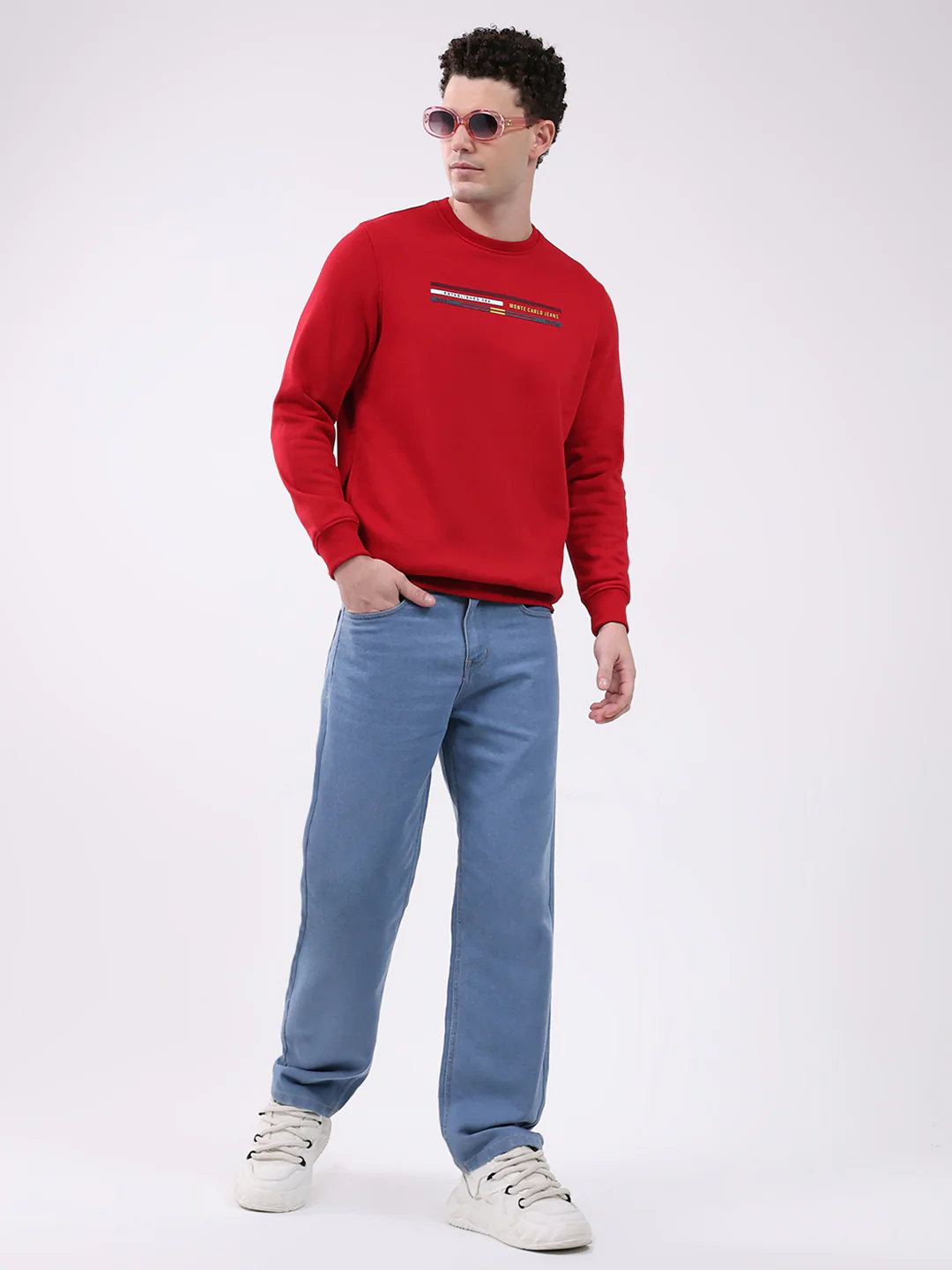 Men Red Printed Round Neck Full Sleeve Sweatshirt - Image 2
