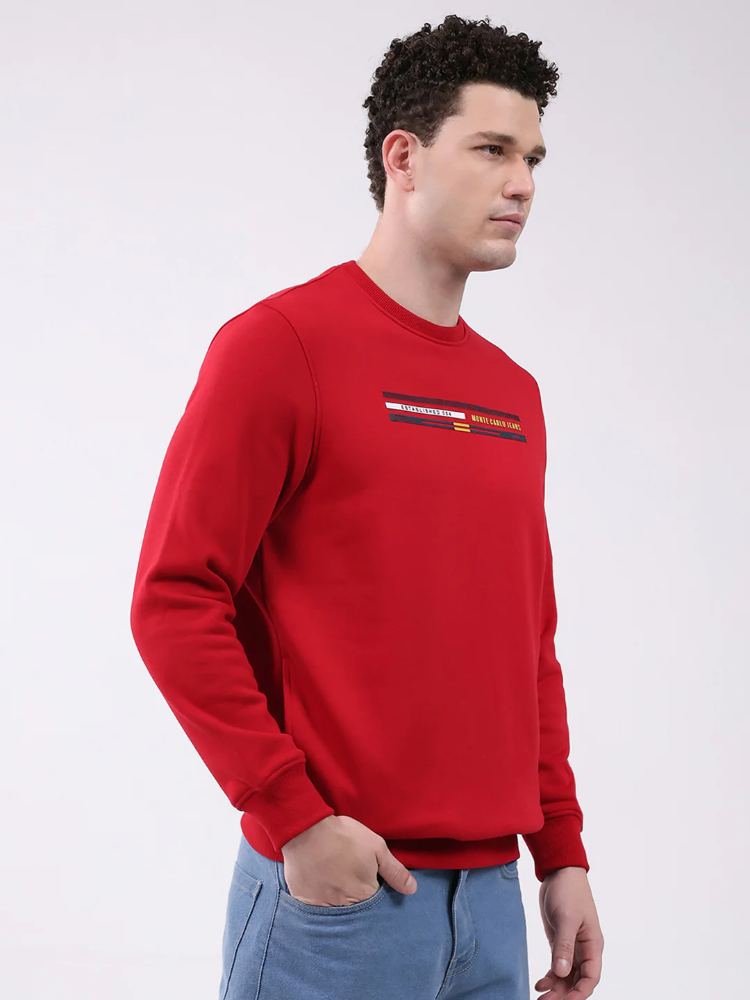 Men Red Printed Round Neck Full Sleeve Sweatshirt - Image 3