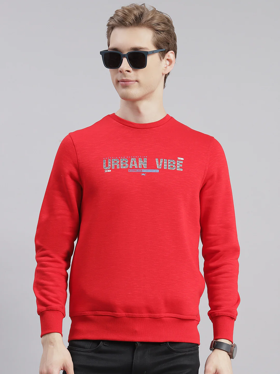 Men Red Printed Round Neck Full Sleeve Sweatshirts - Image 4