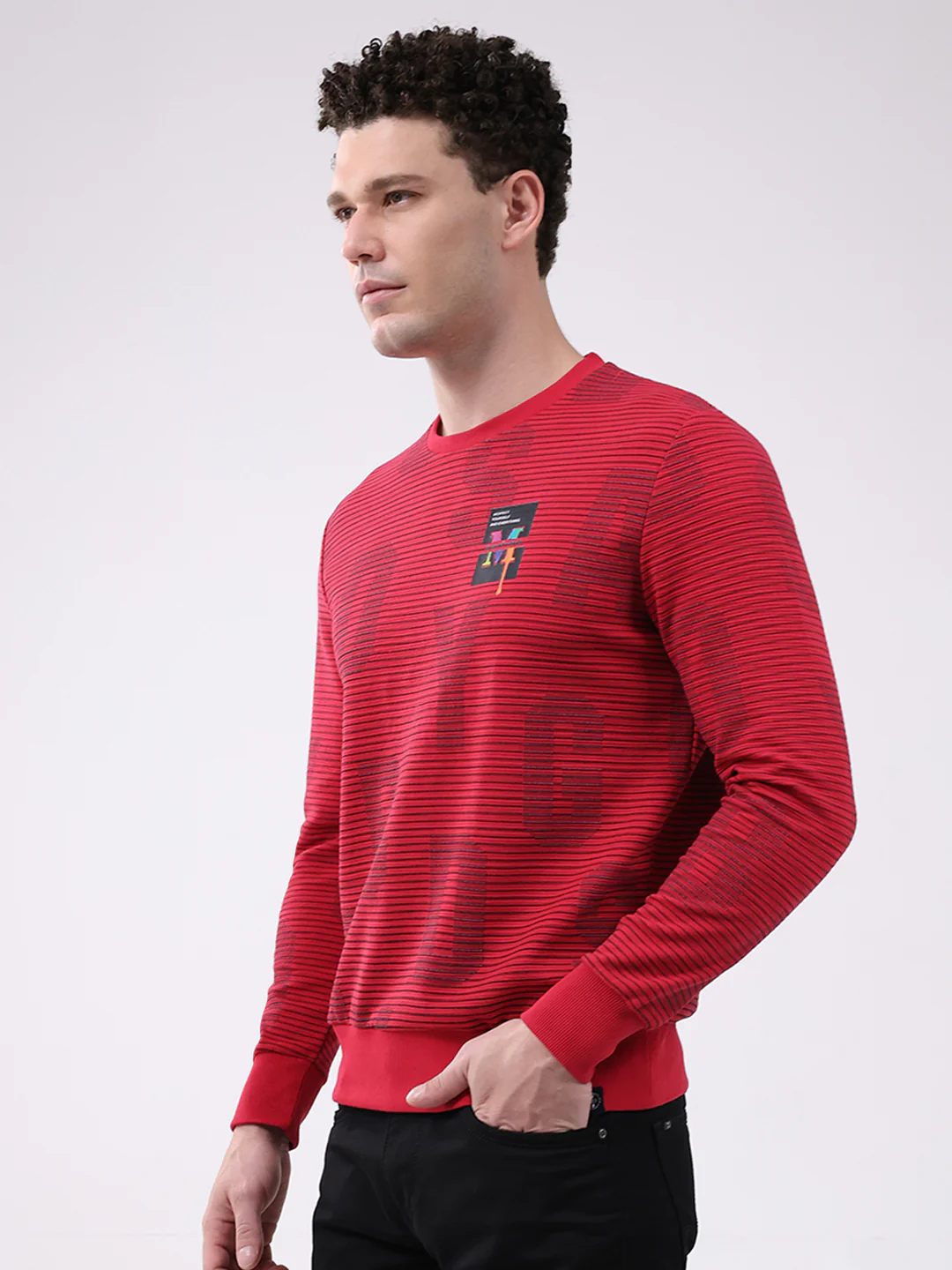 Men Red Printed Round Neck Full Sleeve Winter T-Shirt - Image 3