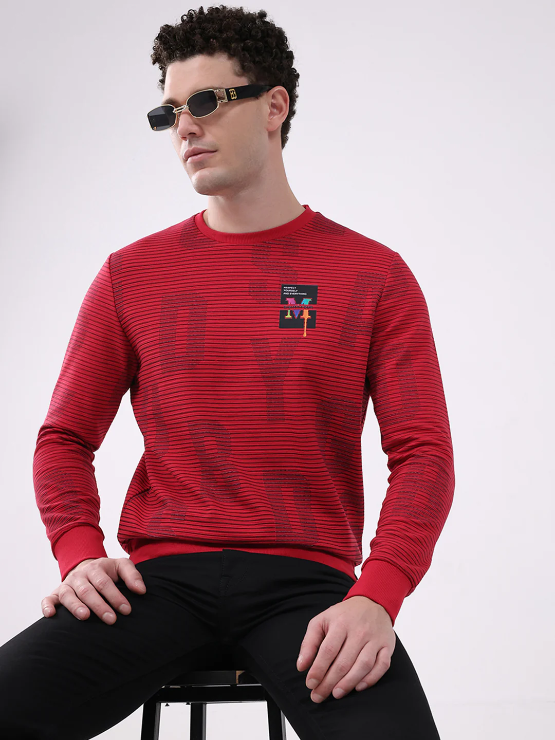 Men Red Printed Round Neck Full Sleeve Winter T-Shirt - Image 6