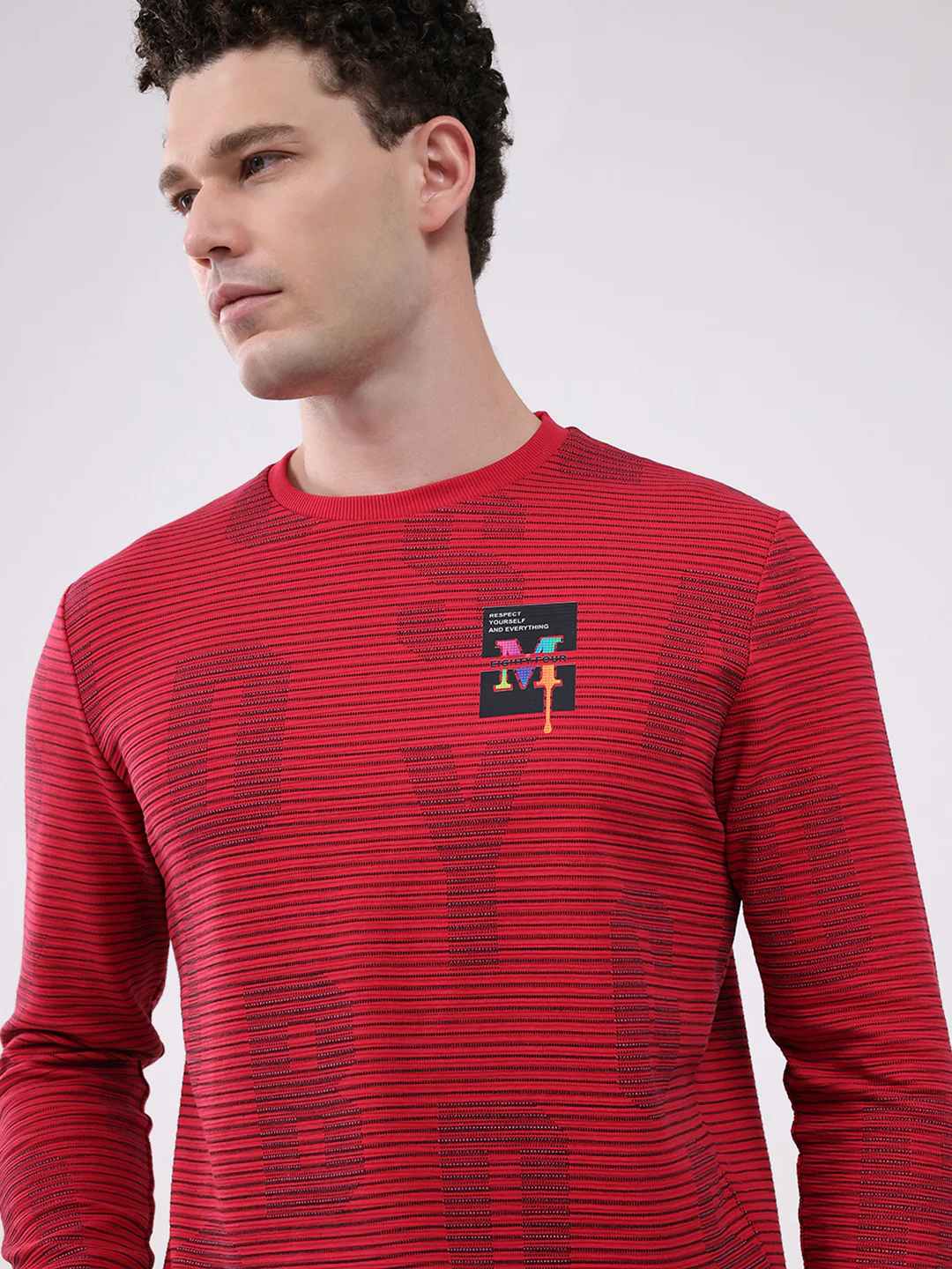 Men Red Printed Round Neck Full Sleeve Winter T-Shirt - Image 7