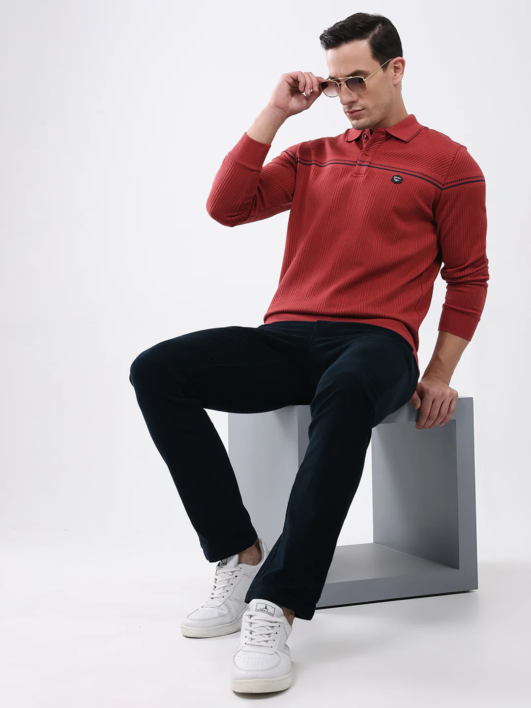 Men Red Self Design Collar Full Sleeve Winter T-Shirt - Image 2