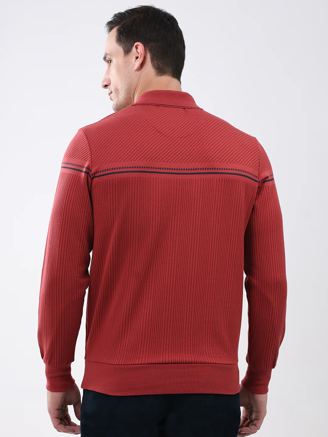 Men Red Self Design Collar Full Sleeve Winter T-Shirt - Image 5