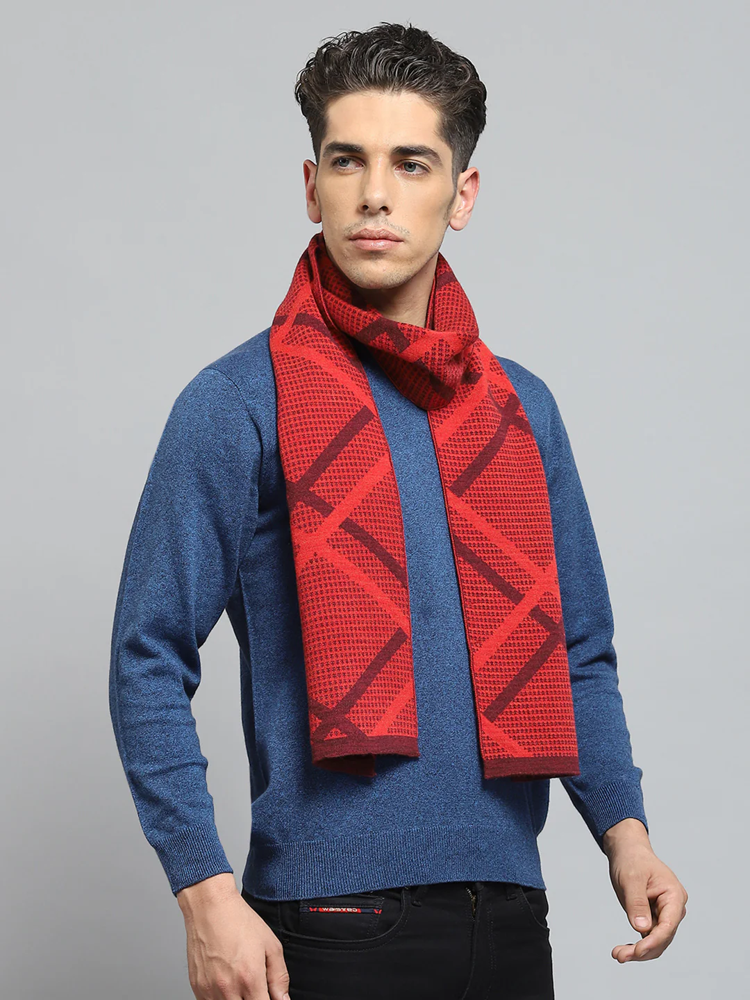 Men Red Self Design Muffler - Image 4