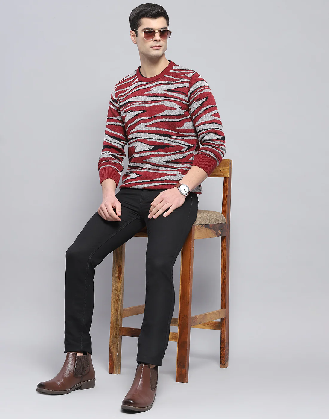 Men Red Self Design Round Neck Full Sleeve Pullover - Image 2