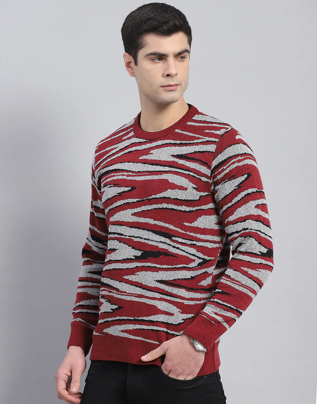 Men Red Self Design Round Neck Full Sleeve Pullover - Image 4