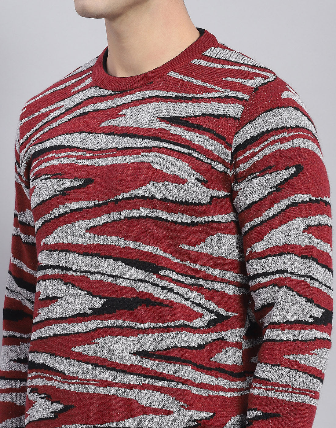 Men Red Self Design Round Neck Full Sleeve Pullover - Image 7