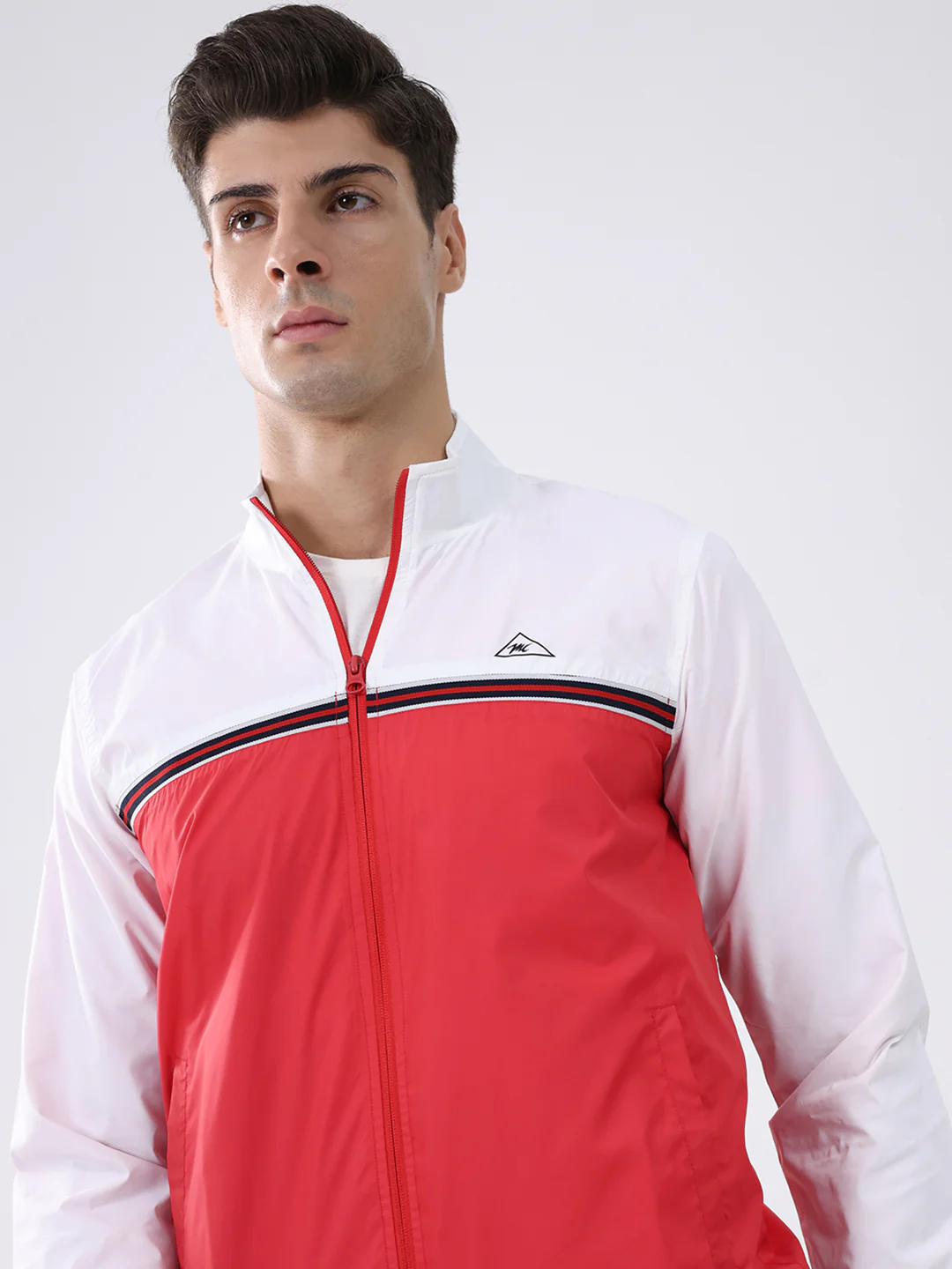 Men Red Self Design Stand Collar Full Sleeve Jacket - Image 6