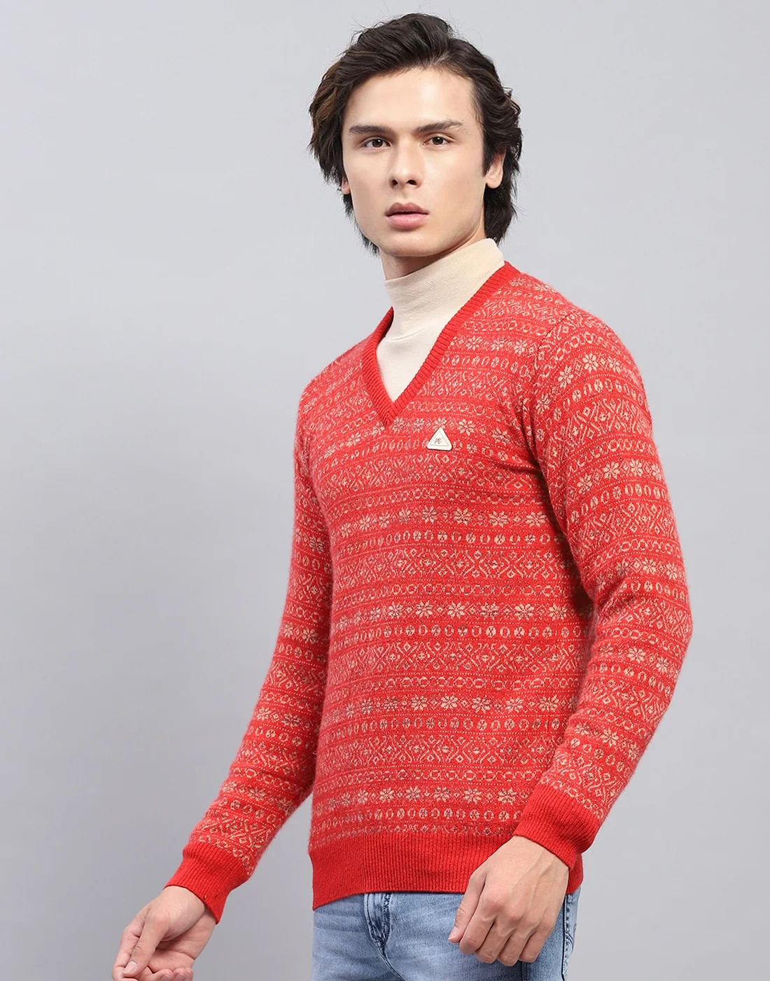 Men Red Self Design V Neck Full Sleeve Pullover - Image 3