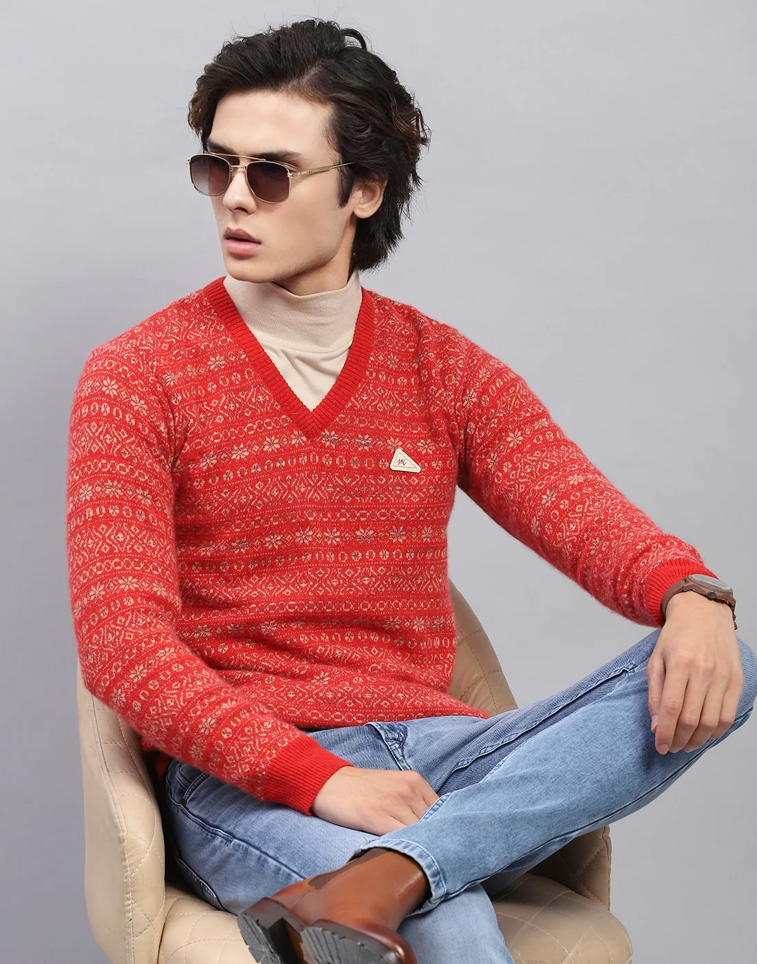 Men Red Self Design V Neck Full Sleeve Pullover - Image 6