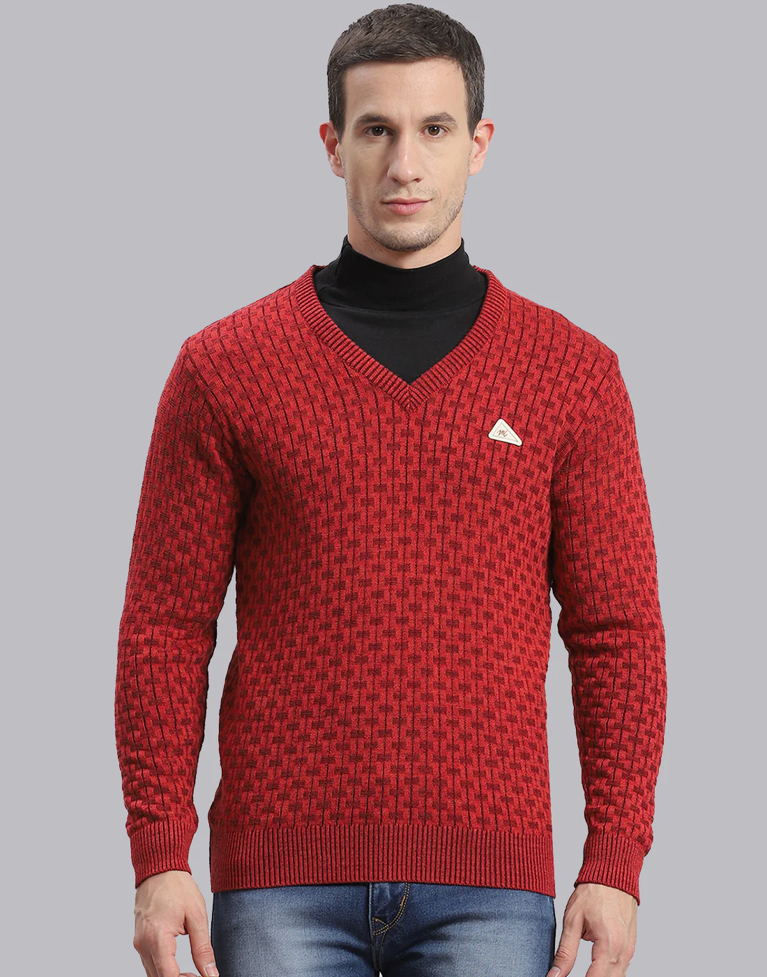 Men Red Self Design V Neck Full Sleeve Sweater - Image 2