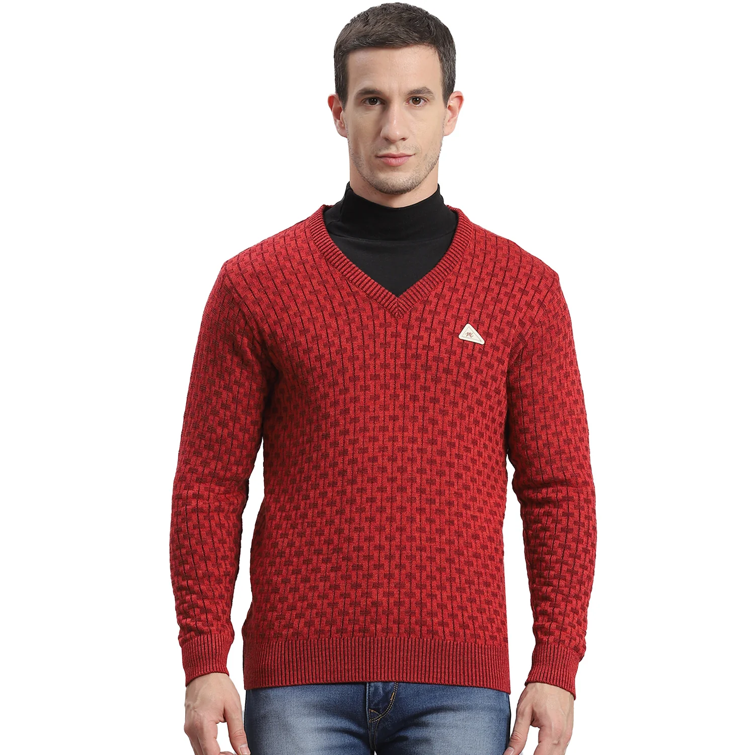 Men Red Self Design V Neck Full Sleeve Sweater - Image 5