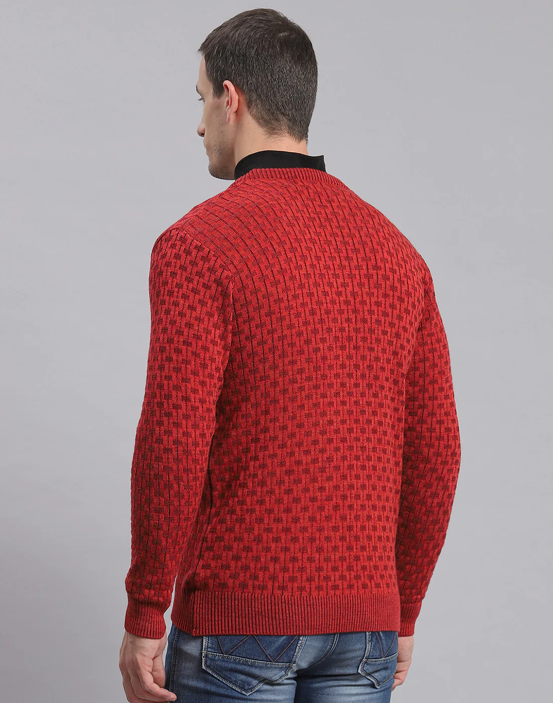 Men Red Self Design V Neck Full Sleeve Sweater - Image 6