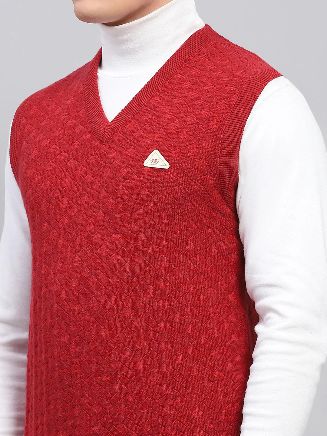 Men Red Self Design V Neck Sleeveless Sweater - Image 6