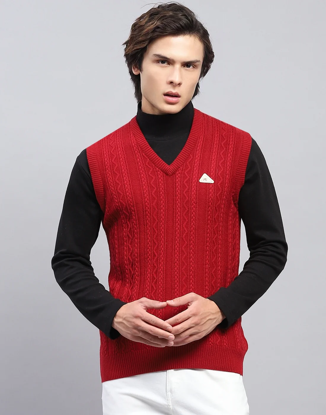 Men Red Self Design V Neck Sleeveless Sweater - Image 2