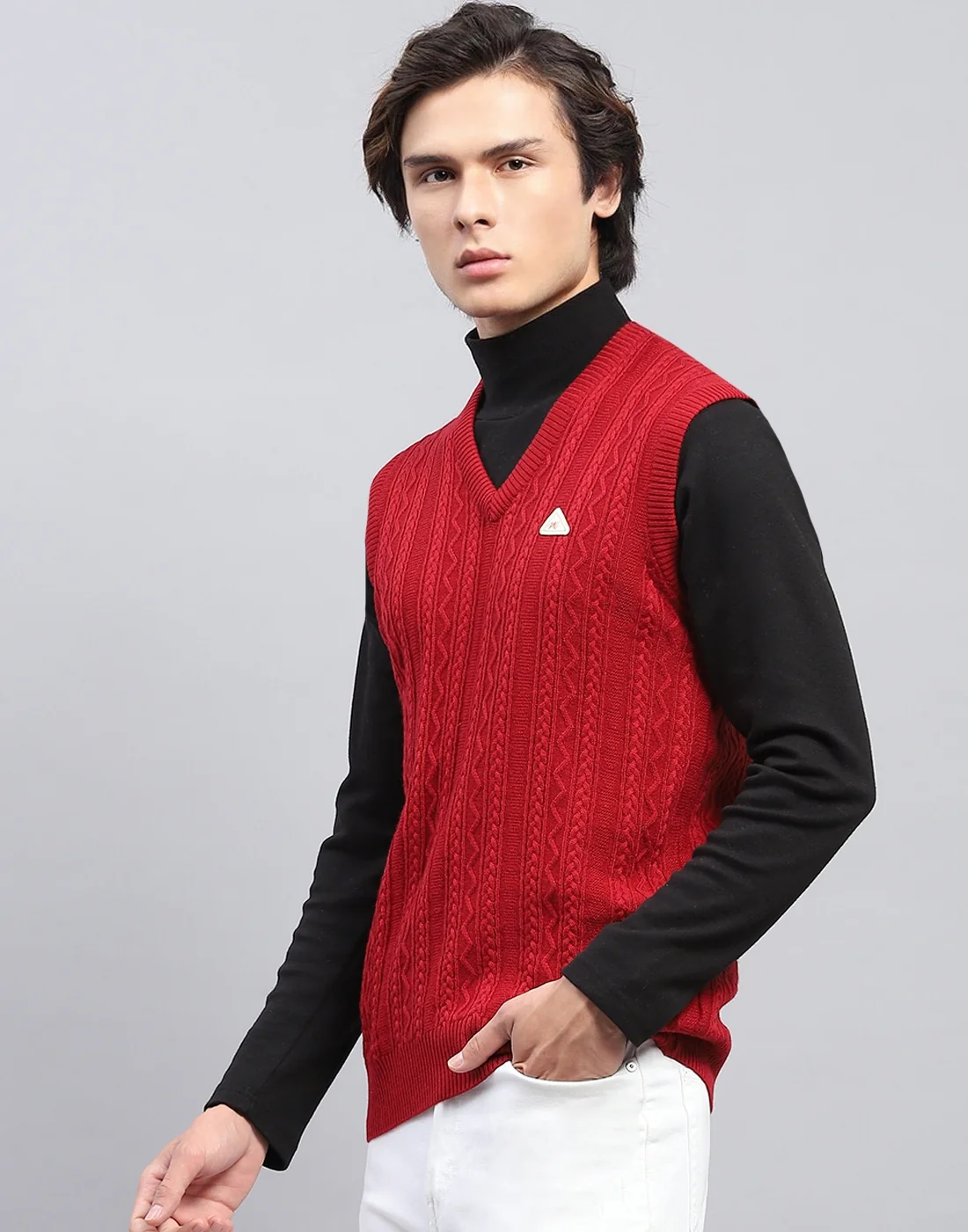 Men Red Self Design V Neck Sleeveless Sweater - Image 3